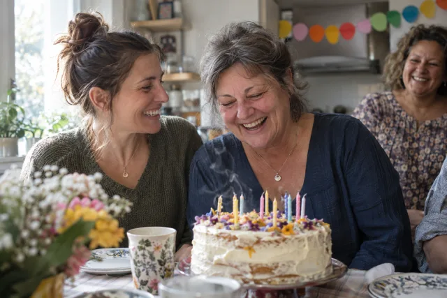 Family laughing over a birthday cake